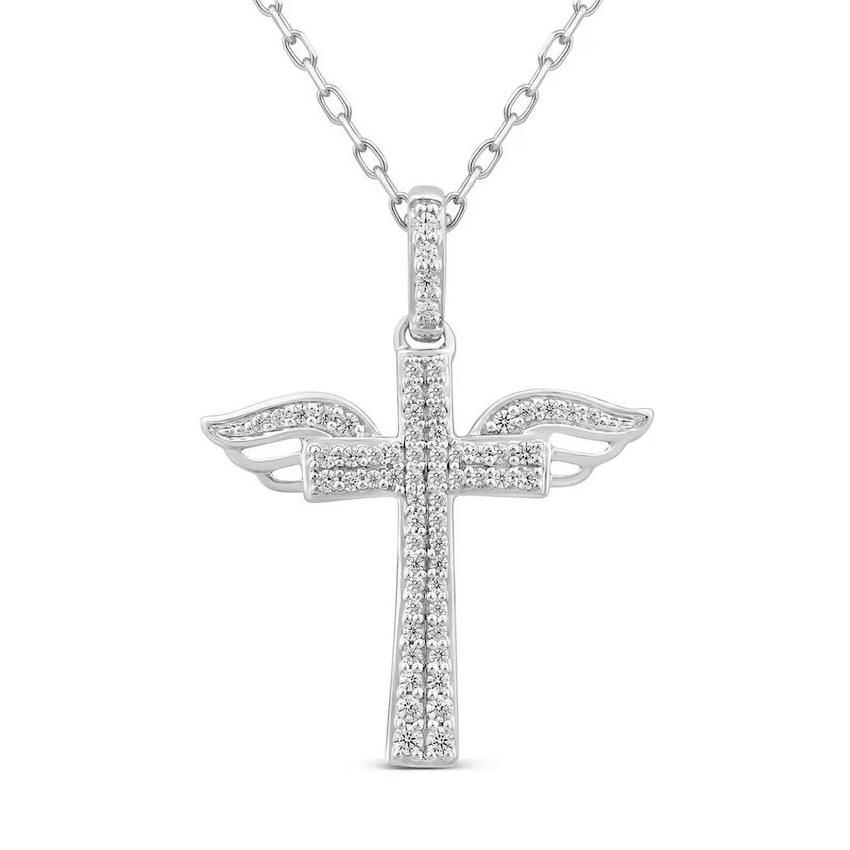 14K White Gold Holy Cross Necklace with Diamond Accents A156884
