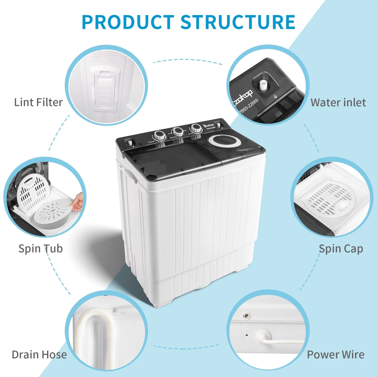 Semi-automatic Twin Tub Washing Machine with Built-in Drain Pump, 26Lbs, White&Black E880