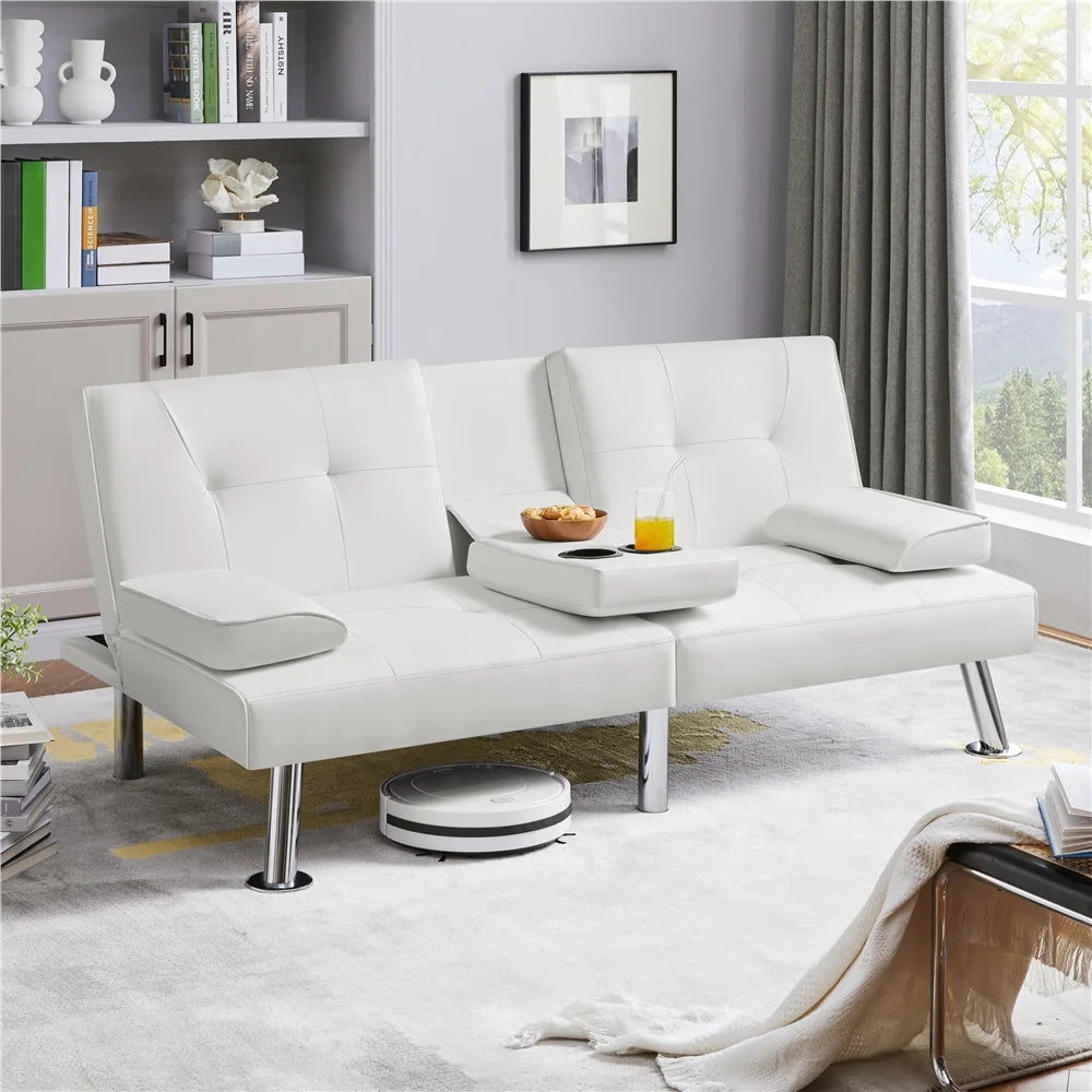 White Faux Leather Futon Sofa Bed with Cup Holders C59052