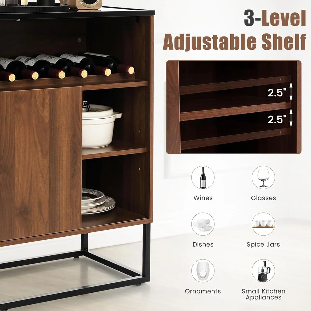 Wine Cabinet Sideboard Buffet with Tempered Glass Top Sliding Door P9760