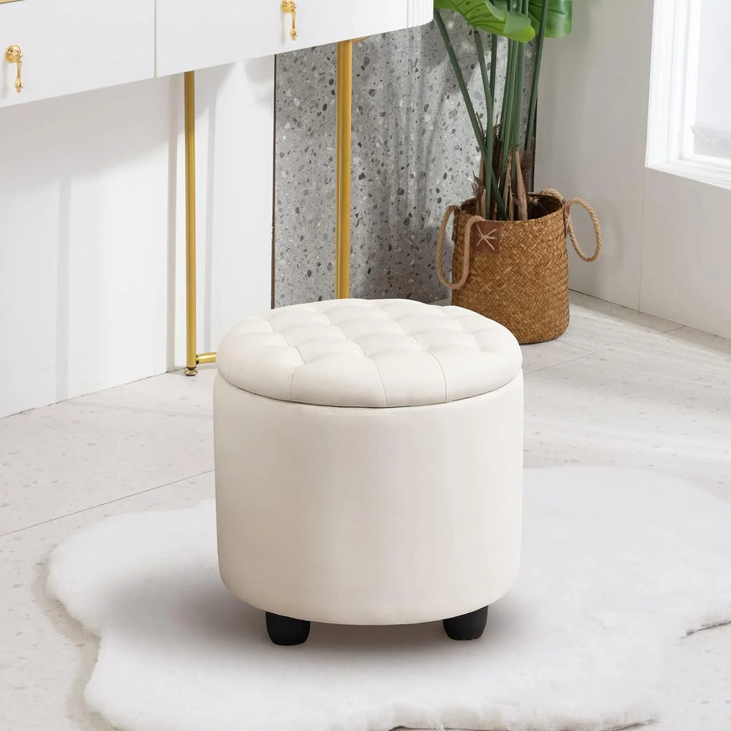 19" Round Storage Ottoman with Cover Lid Tufted PU Leather Fabric Ottoman Z588186