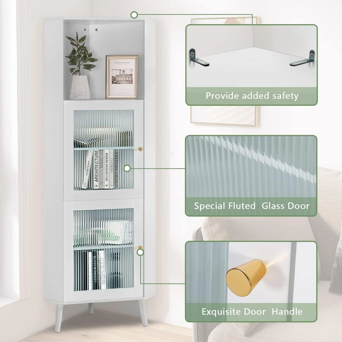 White Corner Cabinet with Glass Doors P5027
