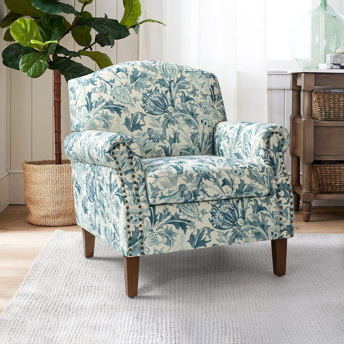 Accent Chair With Wood Legs & Removable Cushion, Floral Design Single Sofa E88063