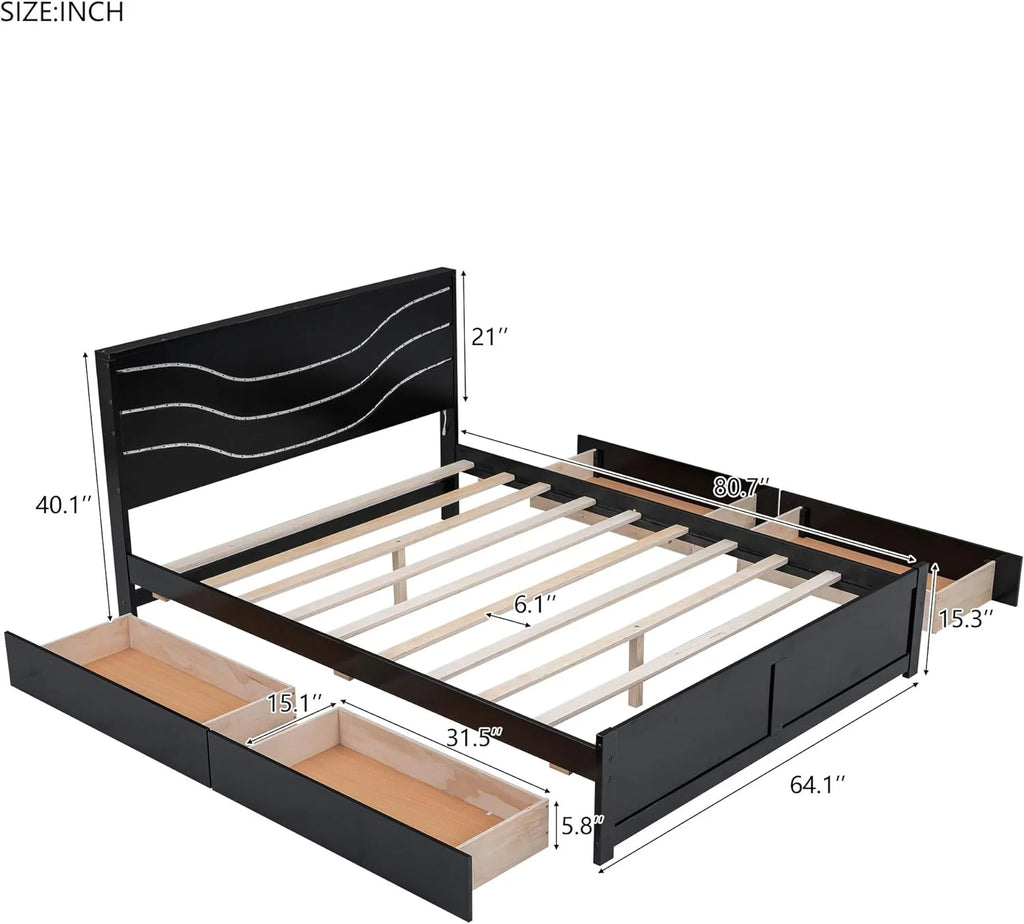Queen Size Wood Platform Bed Frame with Headboard and 4 Storage Drawers X506331