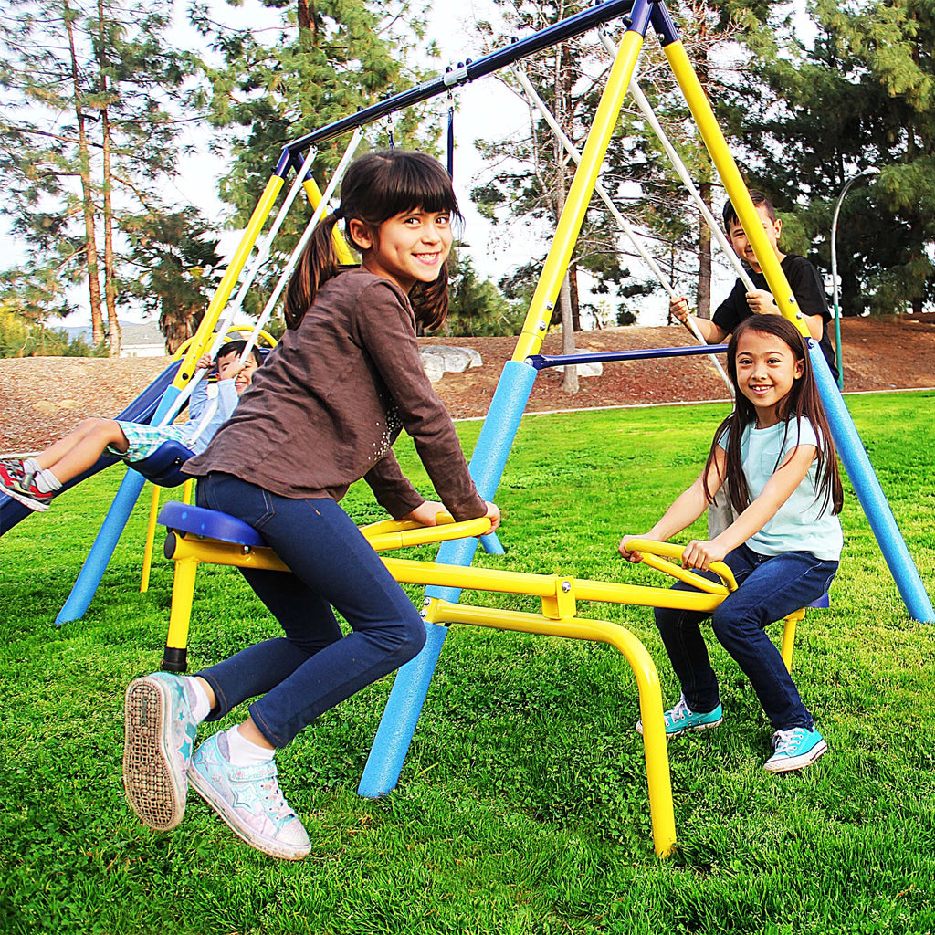 Metal Swing Set with Trapeze, Teeter-Totter, and 6' Double Wall Slide K9844