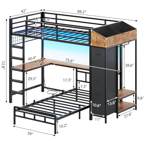 Twin Over Twin L-Shaped Bunk Bed with Desk, 5 Storage Drawers, Guardrail & Stairs, Black O106755