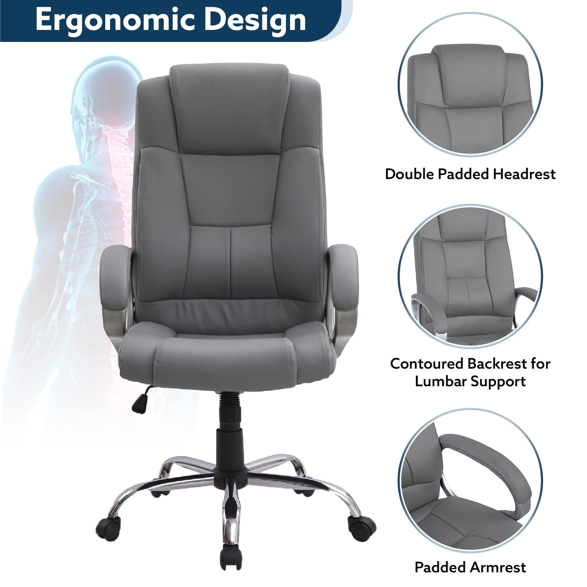 Gray Faux Leather High Back Executive Office Chair with Armrests T7421