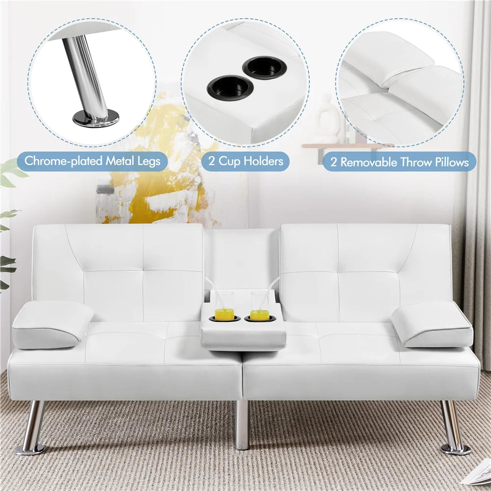 White Faux Leather Futon Sofa Bed with Cup Holders C59052