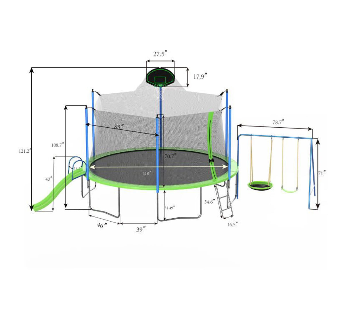 Blue 14FT Trampoline with Basketball Hoop Safety Enclosure Net C951430