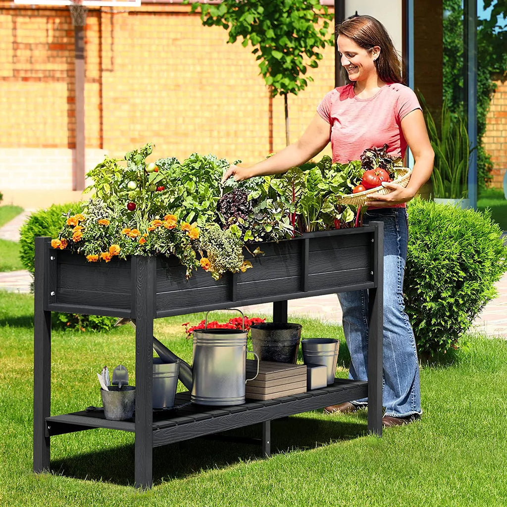 Black Elevated Raised Garden Bed Planter Box with Legs & Shelf Y6575