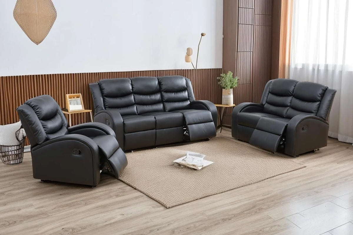 Black Leather 3 Piece Reclining Sofa and Loveseat Set A72707