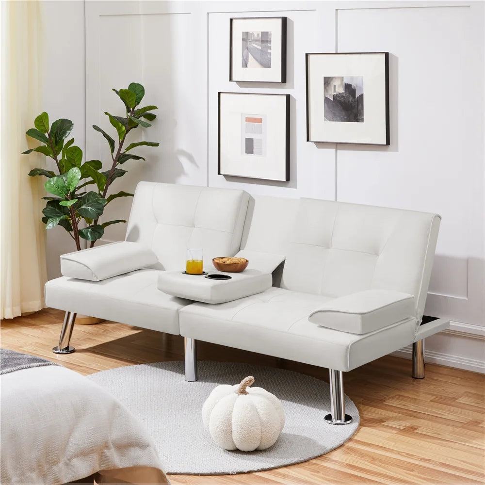 White Faux Leather Futon Sofa Bed with Cup Holders C59052