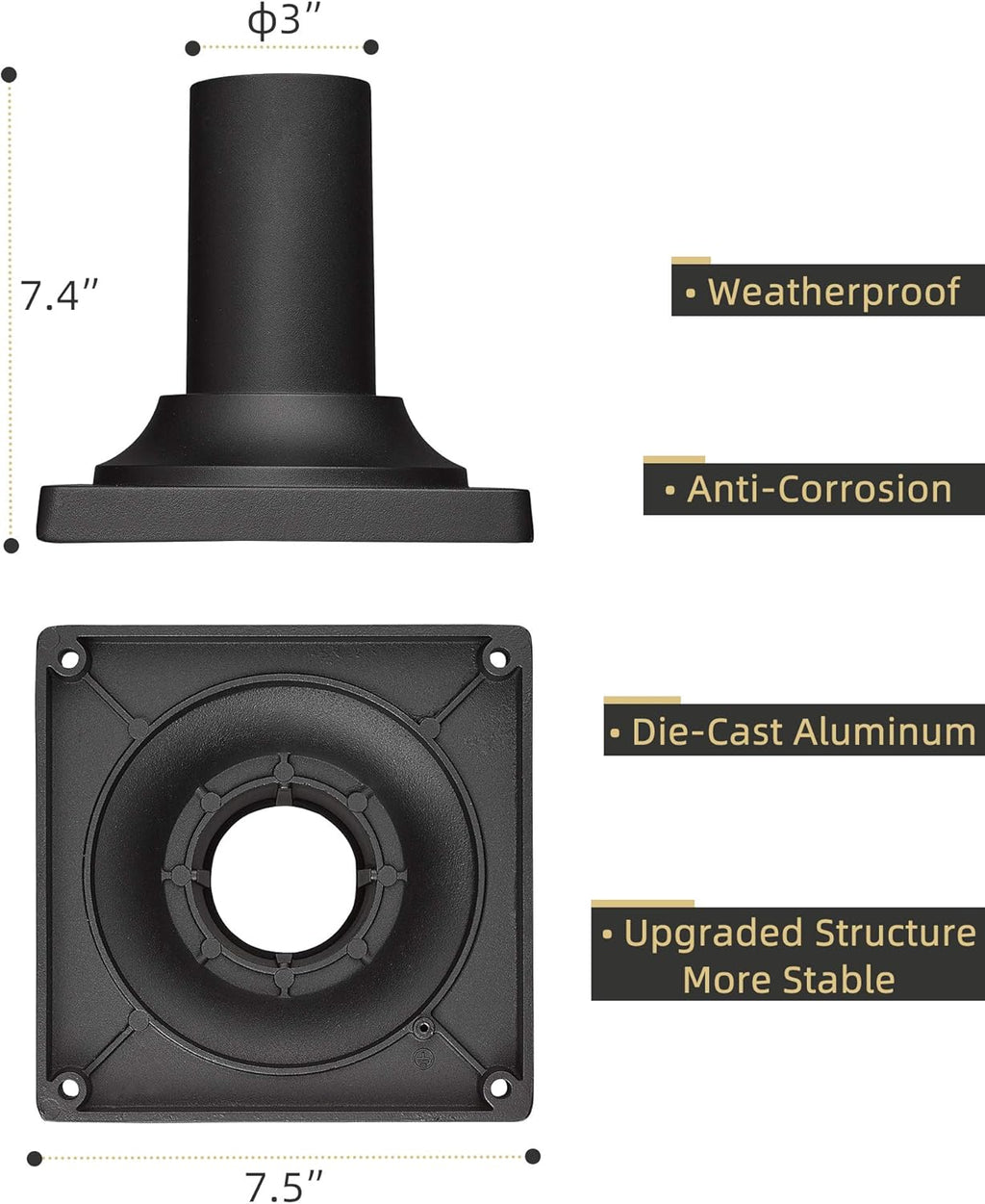 Black Cast Aluminum Post Light Mount Base Adapter, Pack of 2 R8979