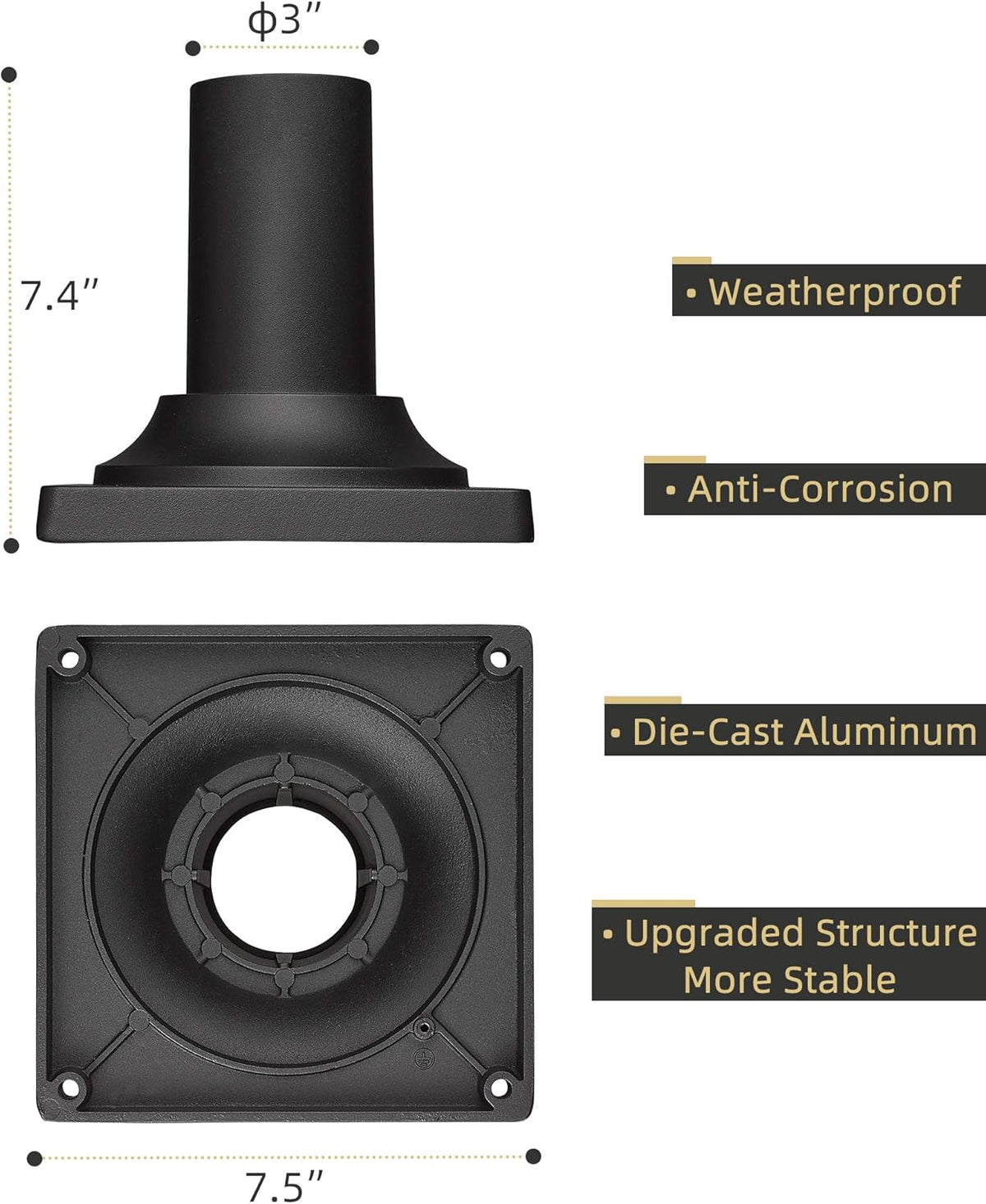 Black Cast Aluminum Post Light Mount Base Adapter, Pack of 2 R8979