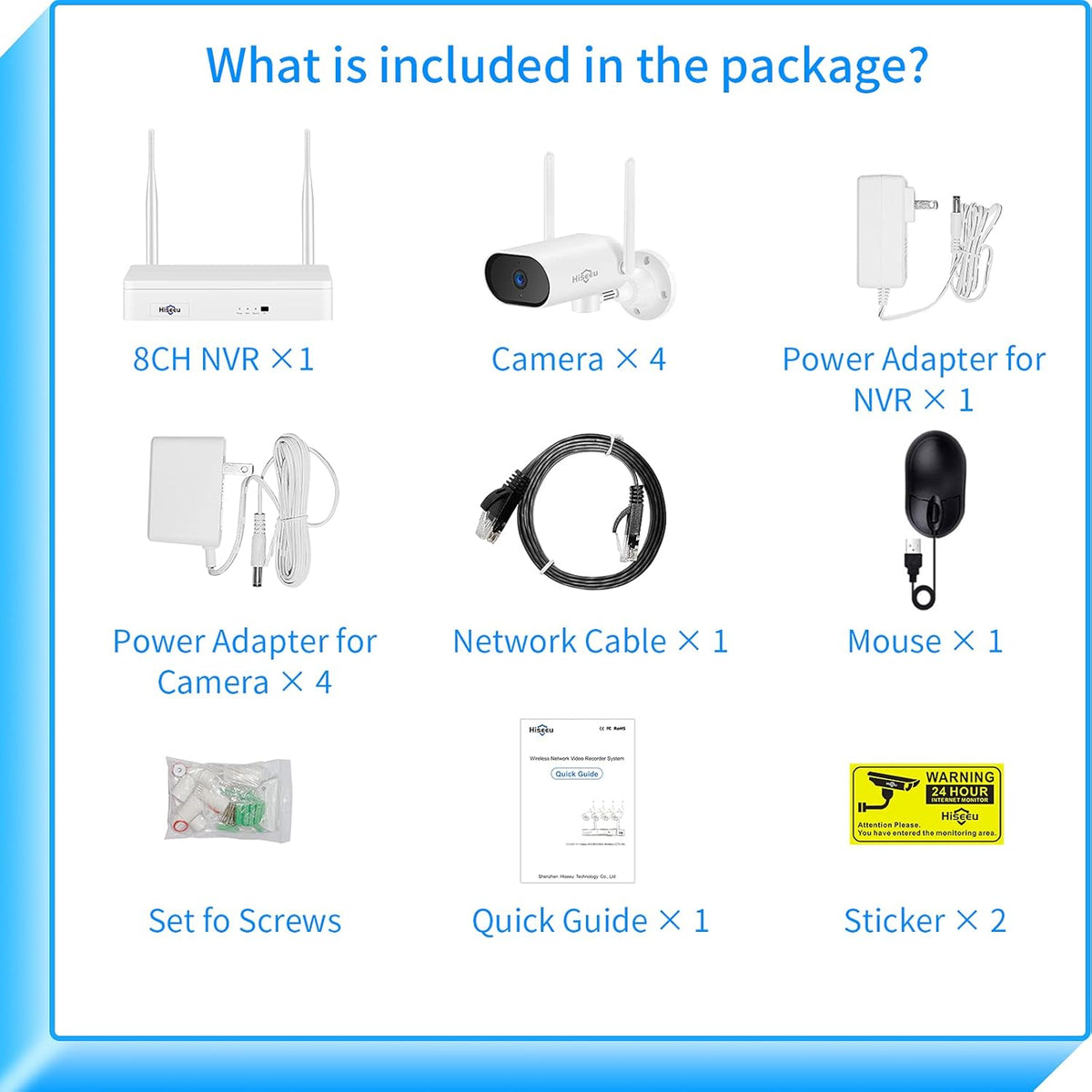 8CH 2K Wireless Security Camera System, 4pcs 180° View Cameras, 1TB Hard Drive A906138
