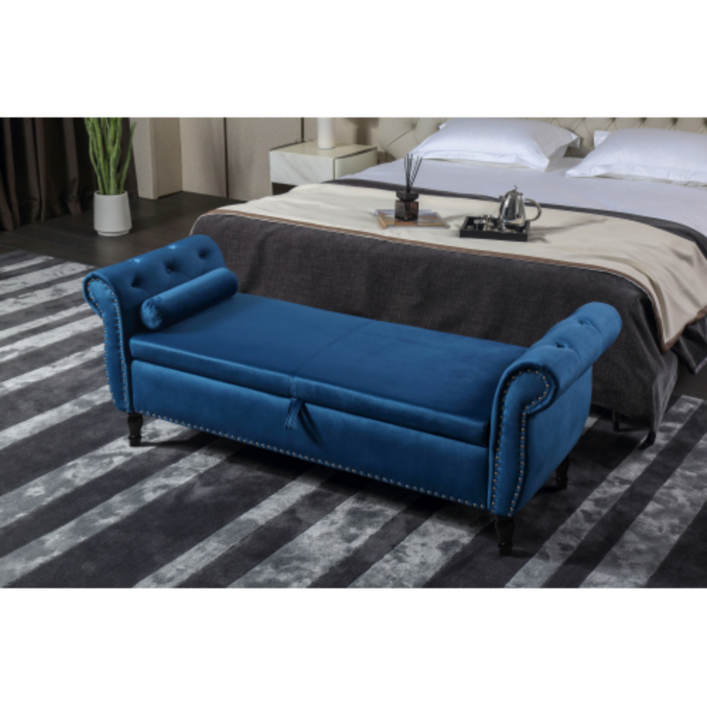 Blue Velvet Storage Bench Ottoman with Pillow O202