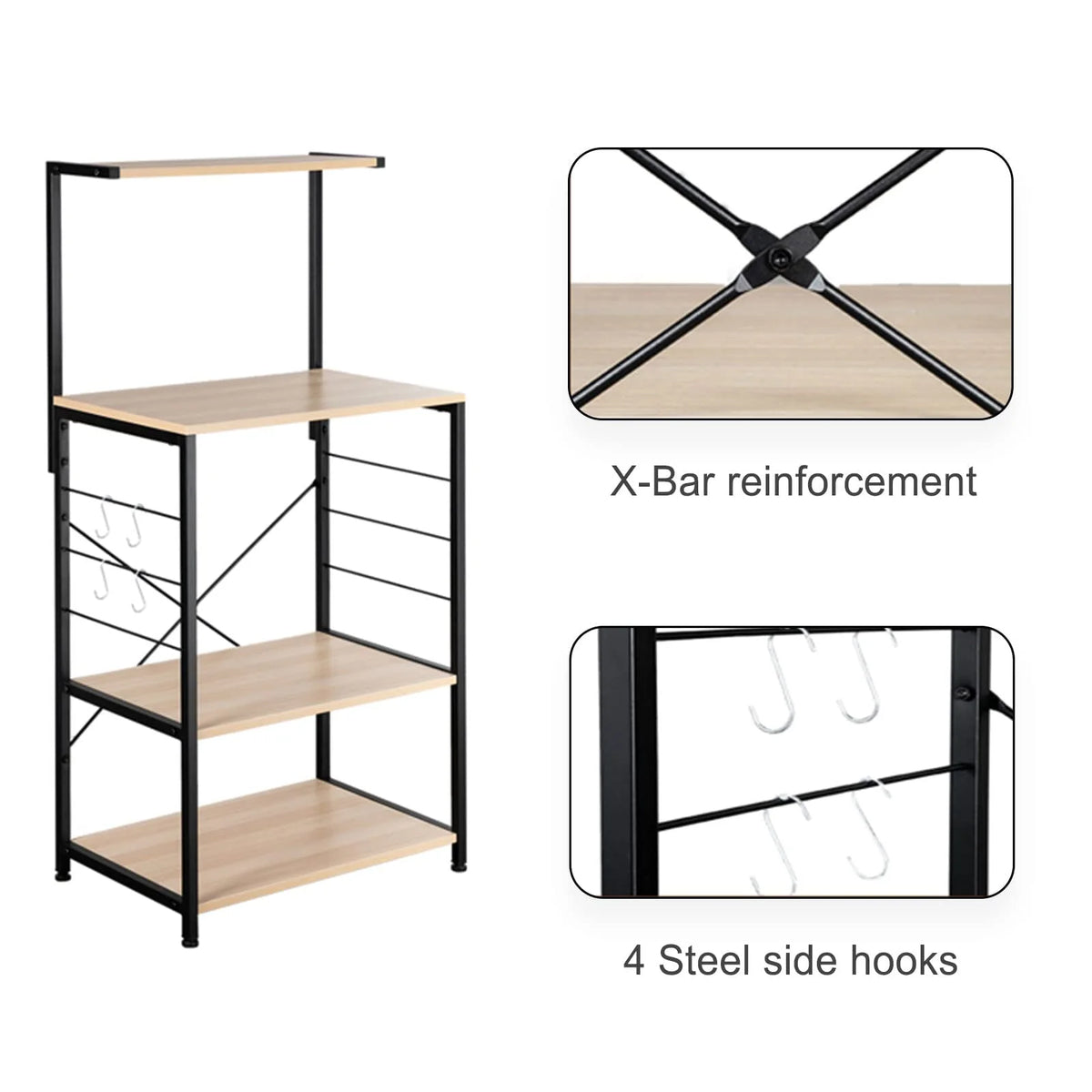 4 Tier Oak Baker's Rack with 4 Hooks D40155