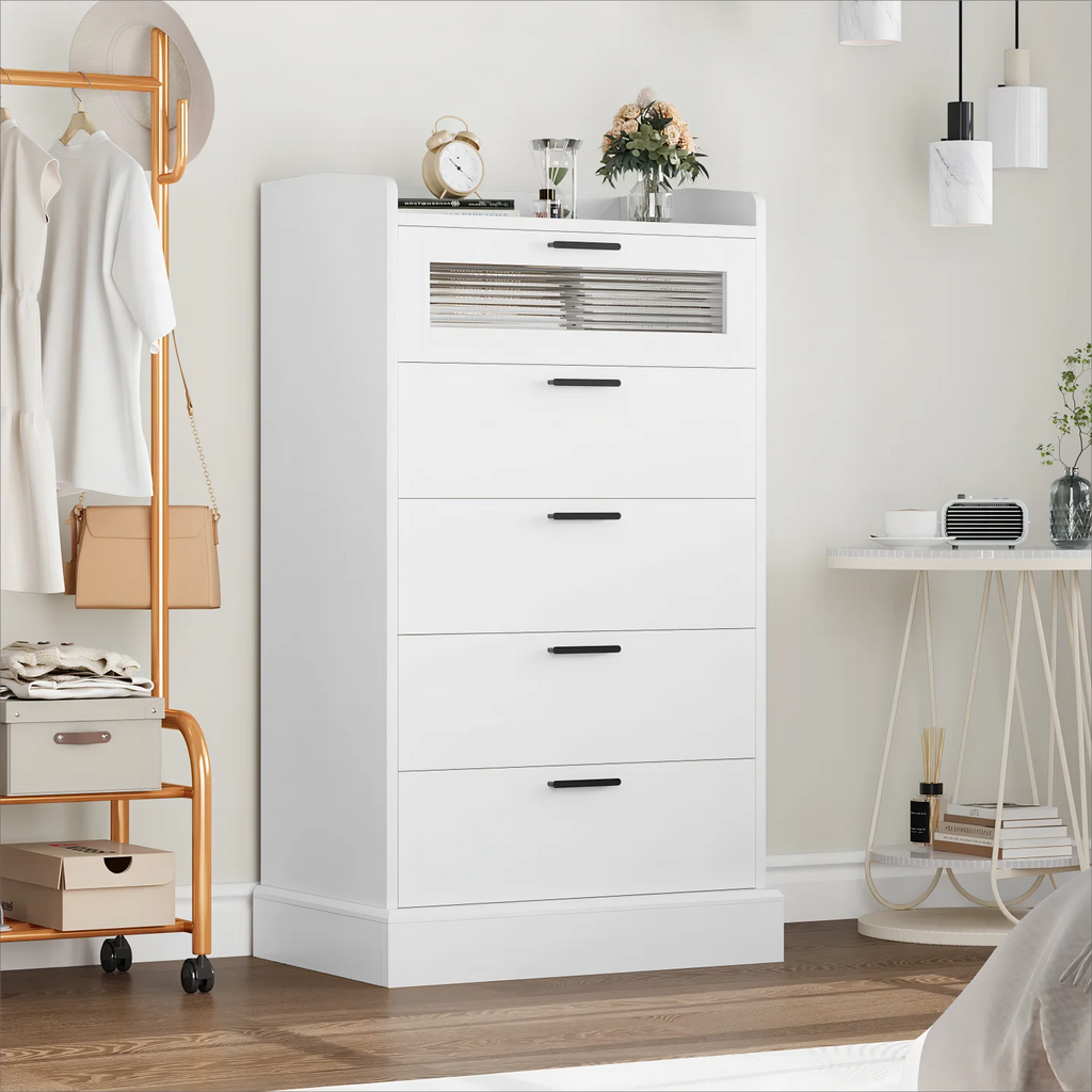 White 5 Drawer Glass Panel Wood Dresser L578190