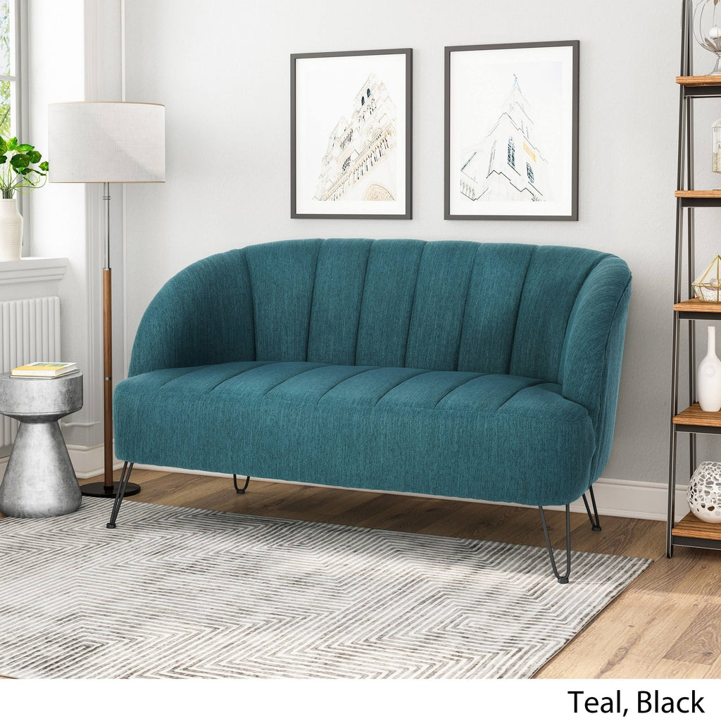 Light Blush Polyester Fabric Loveseat with Hairpin Legs D754