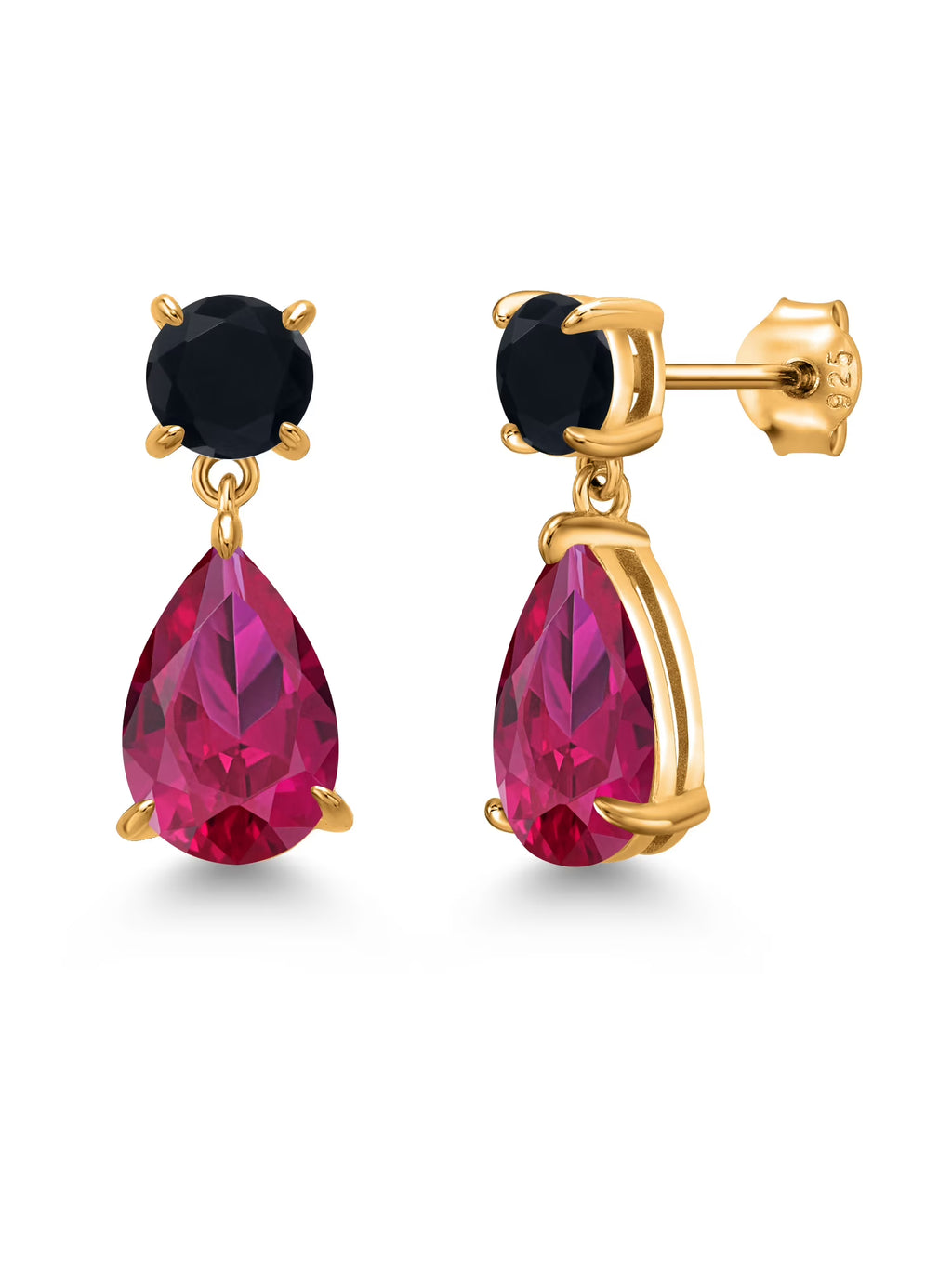 18K Yellow Gold Plated Red Created Ruby and Black Onyx Teardrop Dangle Earrings F63001