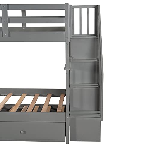 White Twin Over Twin Solid Wood Bunk Bed with Stairs and Trundle M7581