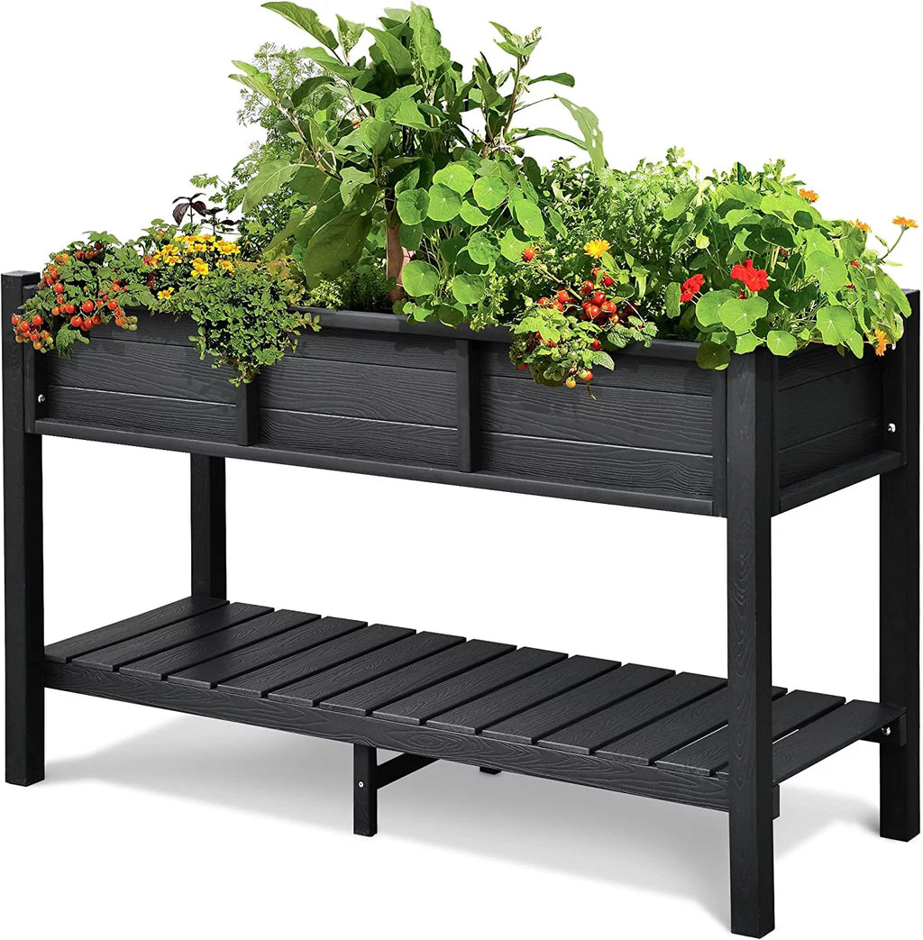 Black Elevated Raised Garden Bed Planter Box with Legs & Shelf Y6575