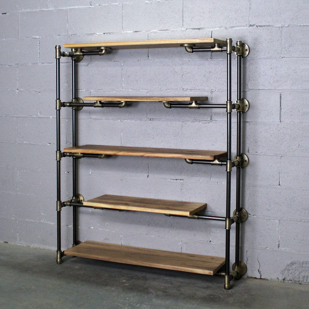 Modern Industrial Floating Tier Etagere Espresso and Hammered Black D4235