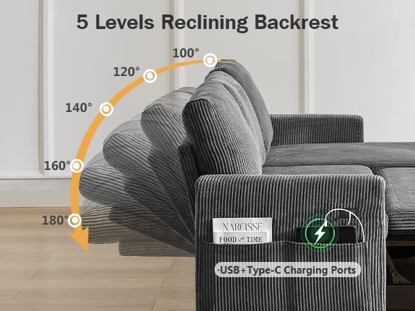 Corduroy Grey L Shaped Sleeper Sofa with Storage Chaise J86254