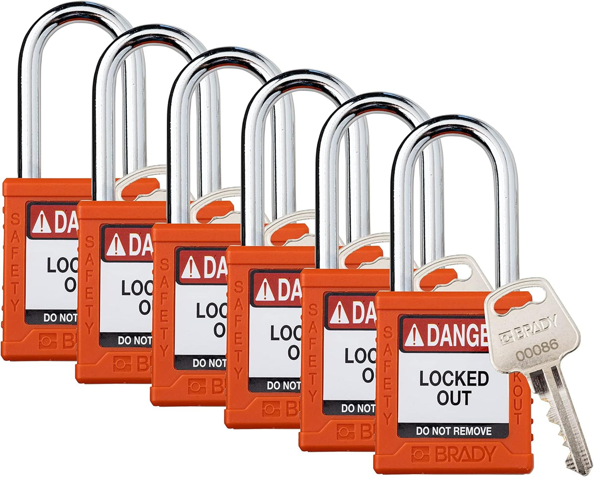 6 Pack Orange Keyed Different Safety Lockout Padlocks K358