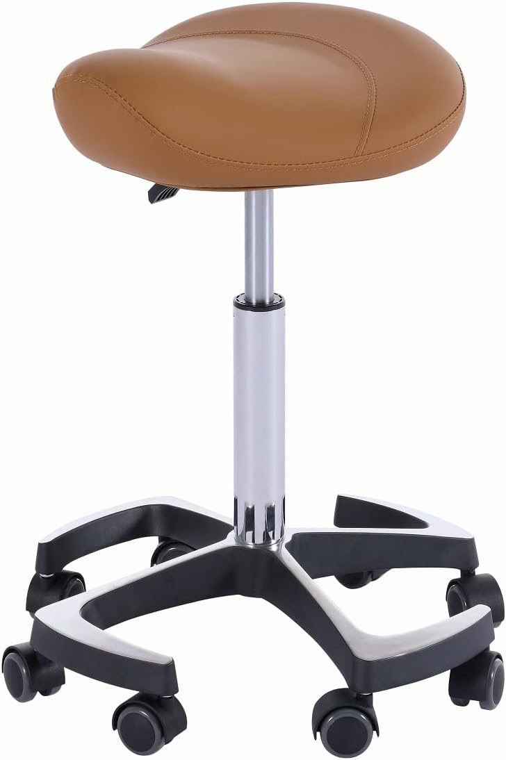 Hydraulic Saddle Stool with Wheels Height Adjustable Rolling Swivel Chair in Camel Y894