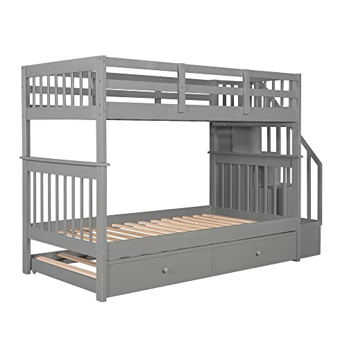 White Twin Over Twin Solid Wood Bunk Bed with Stairs and Trundle M7581