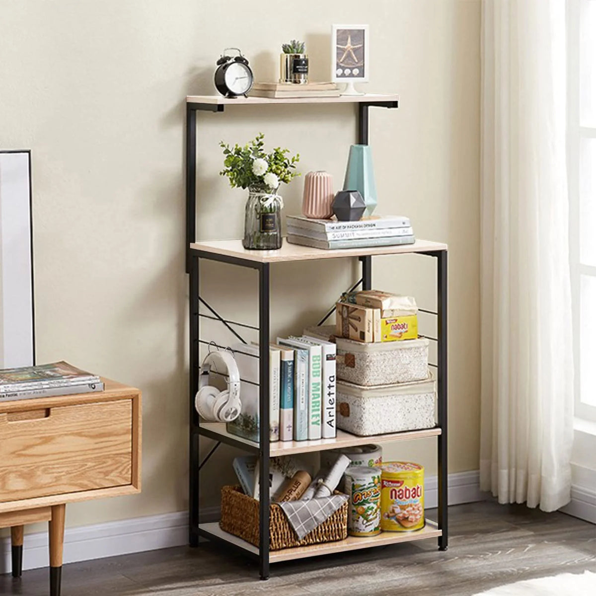 4 Tier Oak Baker's Rack with 4 Hooks D40155