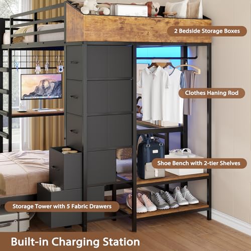 Twin Over Twin L-Shaped Bunk Bed with Desk, 5 Storage Drawers, Guardrail & Stairs, Black O106755