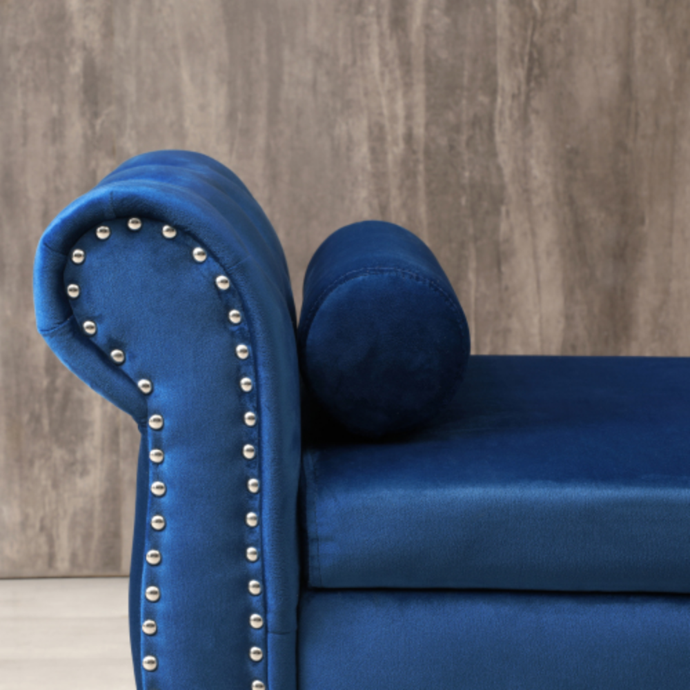 Blue Velvet Storage Bench Ottoman with Pillow O202