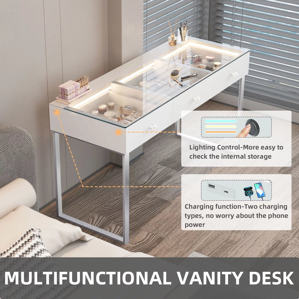 3-Drawer Vanity Table with LED Light and Charging Port L731