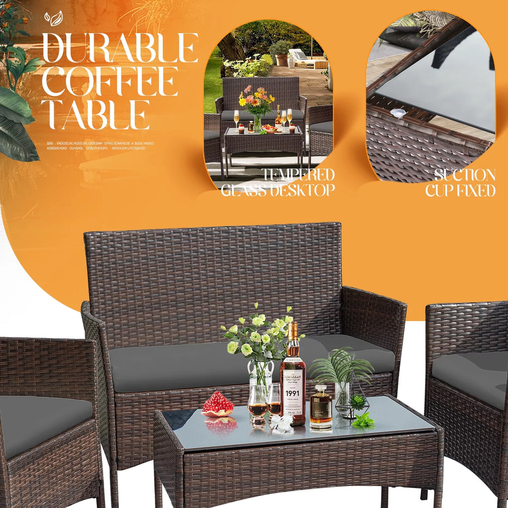 4 Pieces Brown PE Rattan Patio Conversation Set X151613
