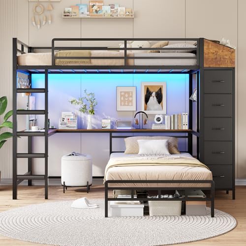 Twin Over Twin L-Shaped Bunk Bed with Desk, 5 Storage Drawers, Guardrail & Stairs, Black O106755