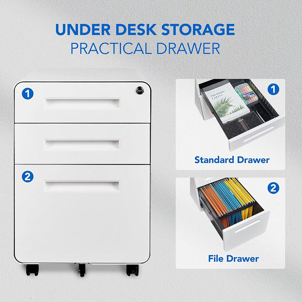 White 3 Drawer Metal File Cabinet with Lock S78348