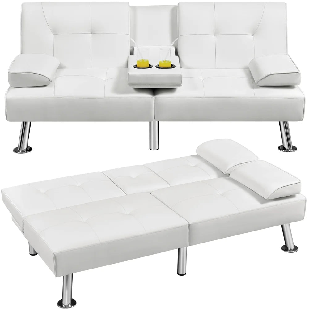 White Faux Leather Futon Sofa Bed with Cup Holders C59052