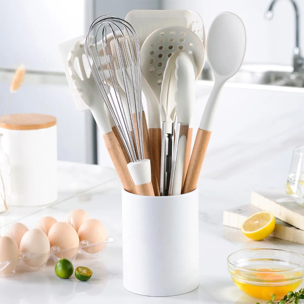 10 PCS Silicone Utensil Set Wooden Handle E311135