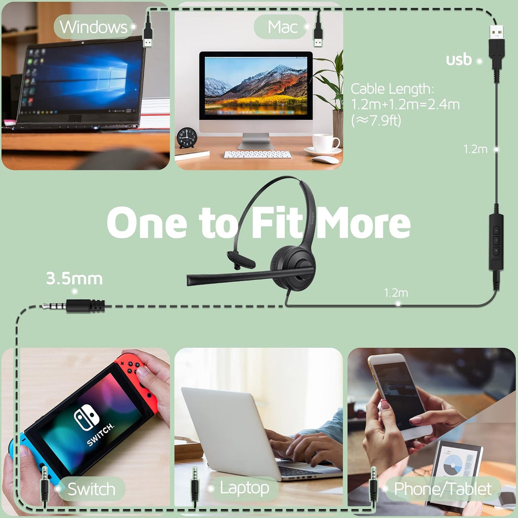 USB Headset with Microphone, Noise Cancelling Mic, On-Ear, Pack of 2 V476476