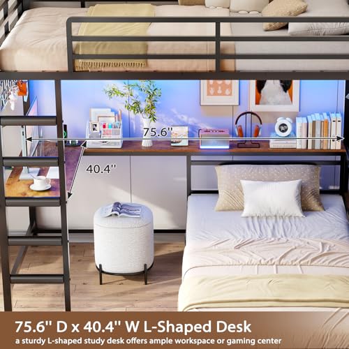 Twin Over Twin L-Shaped Bunk Bed with Desk, 5 Storage Drawers, Guardrail & Stairs, Black O106755