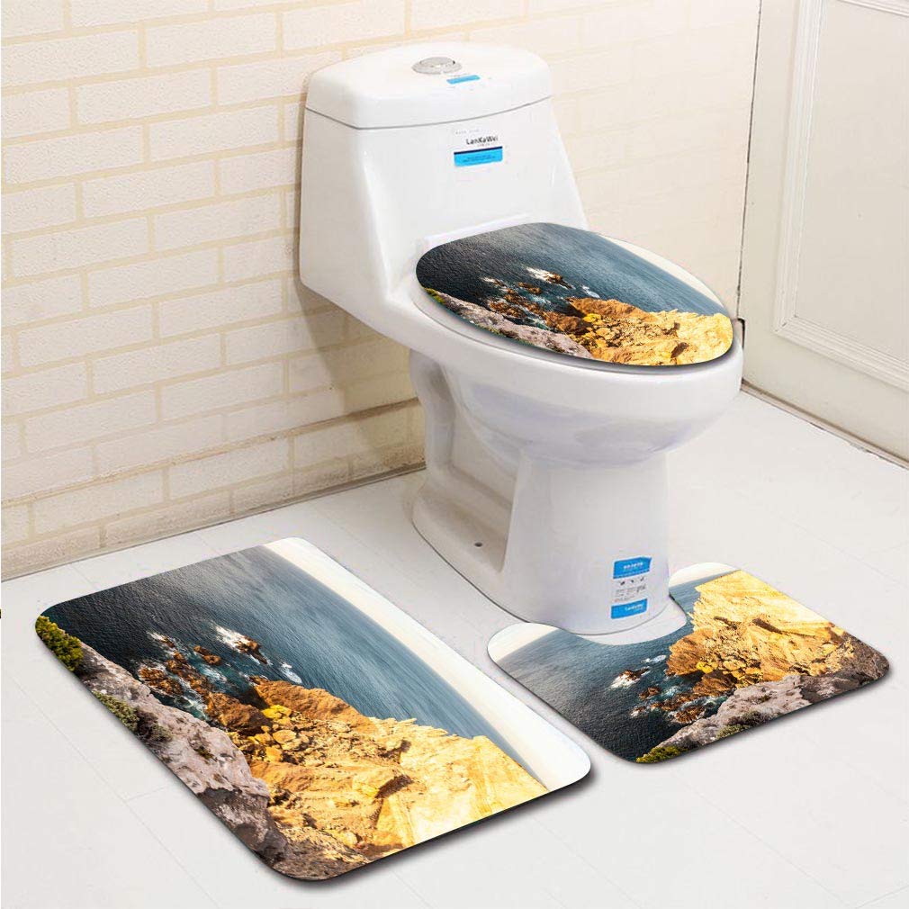 3 Piece Bathroom Rugs Set with Contour Mat and Toilet Lid Cover D39154