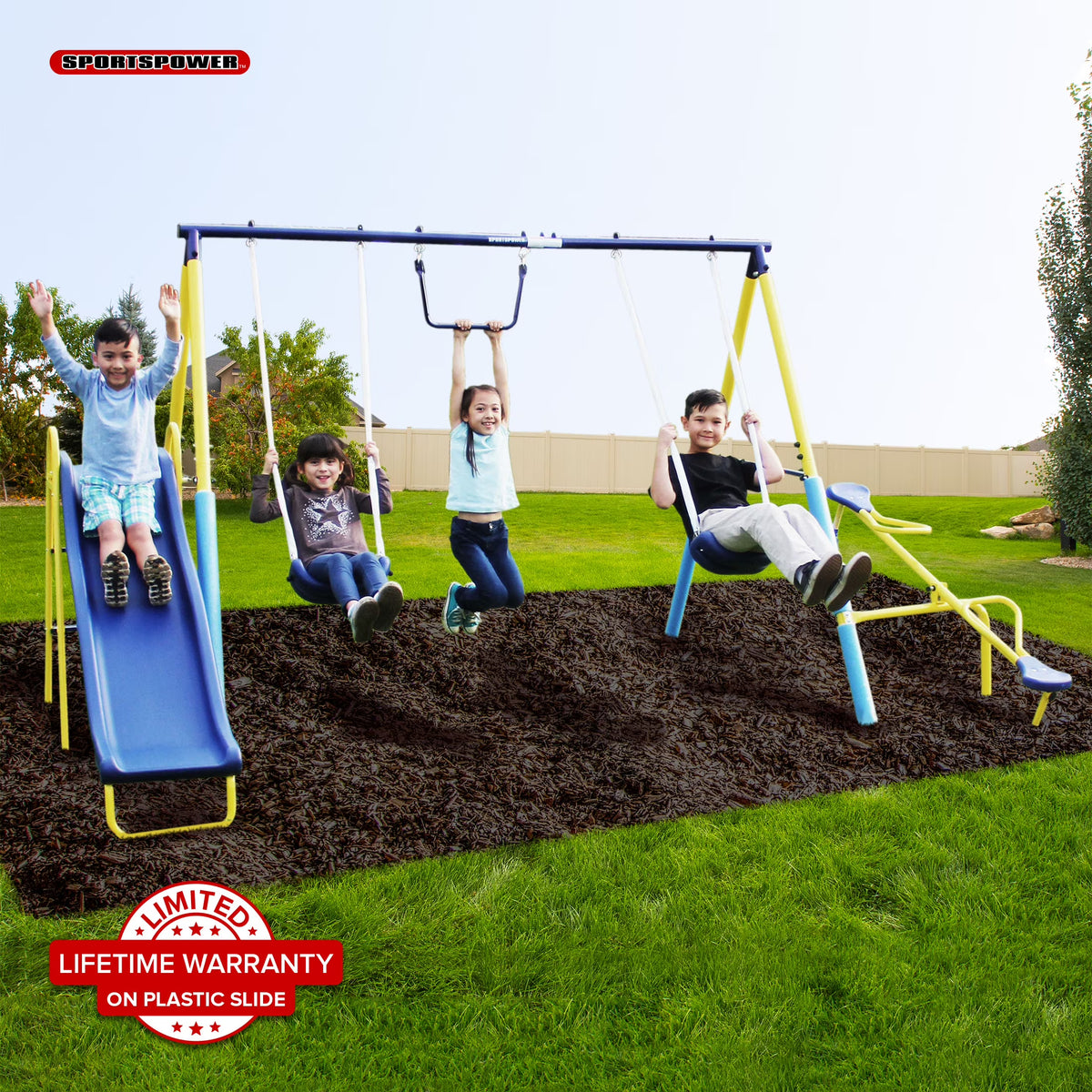 Metal Swing Set with Trapeze, Teeter-Totter, and 6' Double Wall Slide K9844