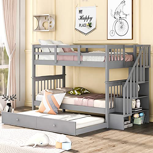 White Twin Over Twin Solid Wood Bunk Bed with Stairs and Trundle M7581