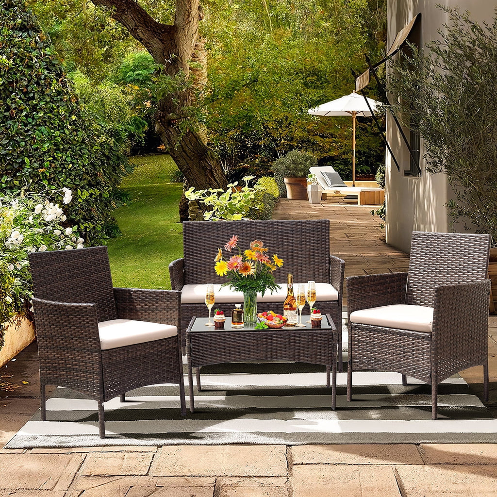 4 Pieces Brown PE Rattan Patio Conversation Set X151613
