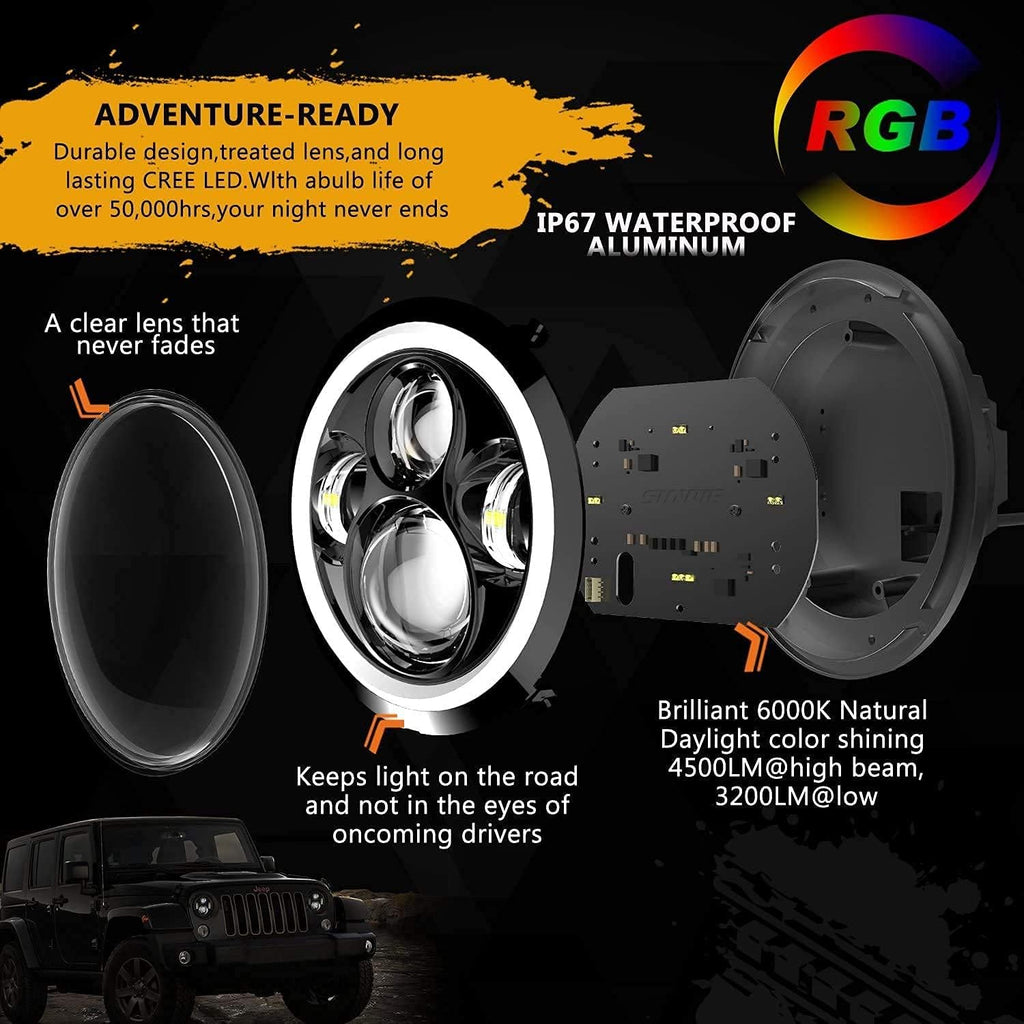 7 inch RGBW Halo LED Headlights and 4 inch Fog Lights Combo D388