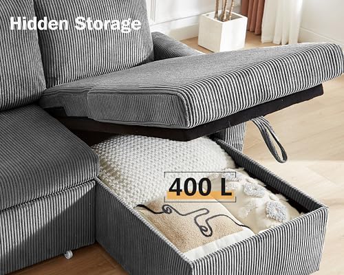 Corduroy Grey L Shaped Sleeper Sofa with Storage Chaise J86254