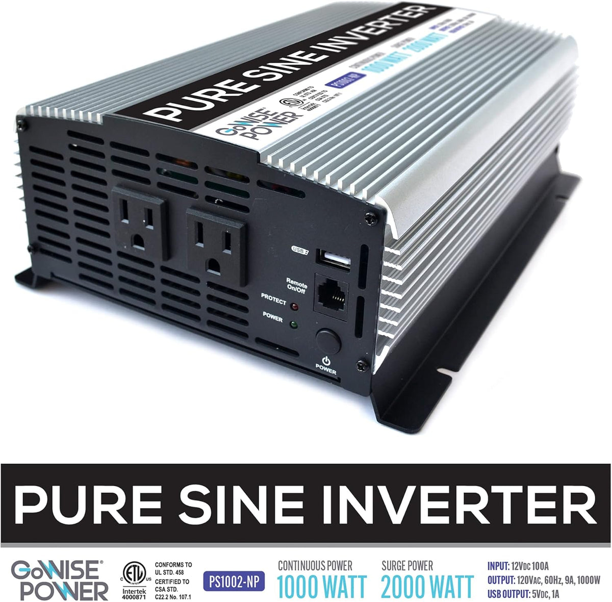 1000W Pure Sine Wave Inverter 12V DC to 120V AC with 2 AC Outlets and USB Port Z493513
