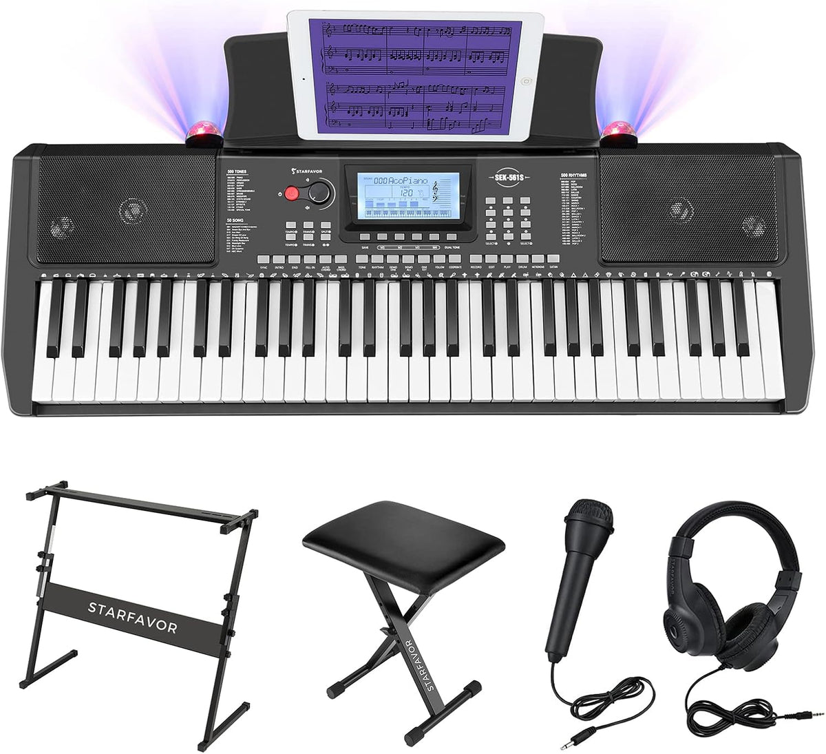 61 Key Electronic Keyboard Piano with LCD Display, Z-style Stand, Bench, Microphone, Headphone, Keynote Stickers I6208